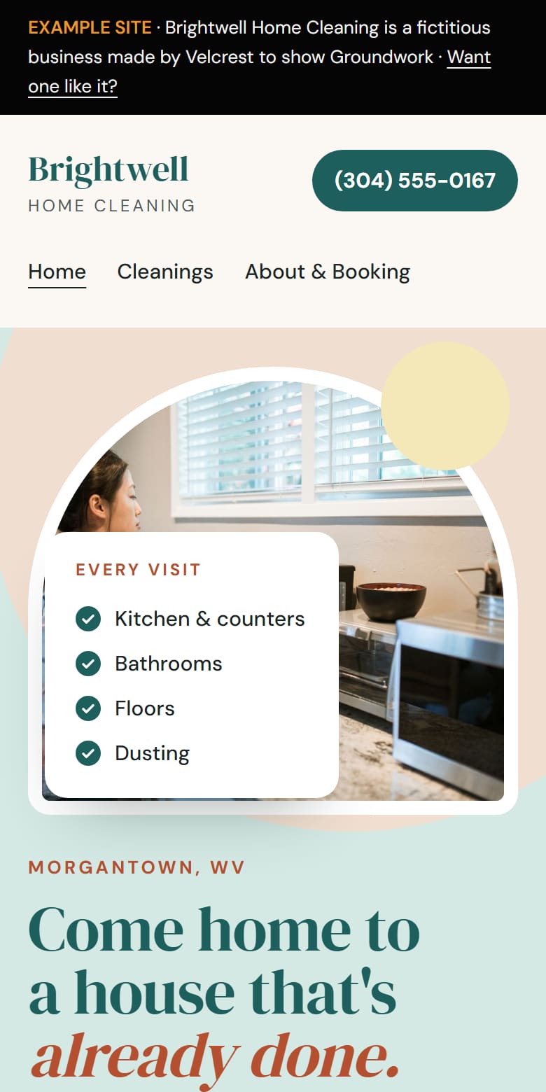 Phone view of the Brightwell Home Cleaning example.