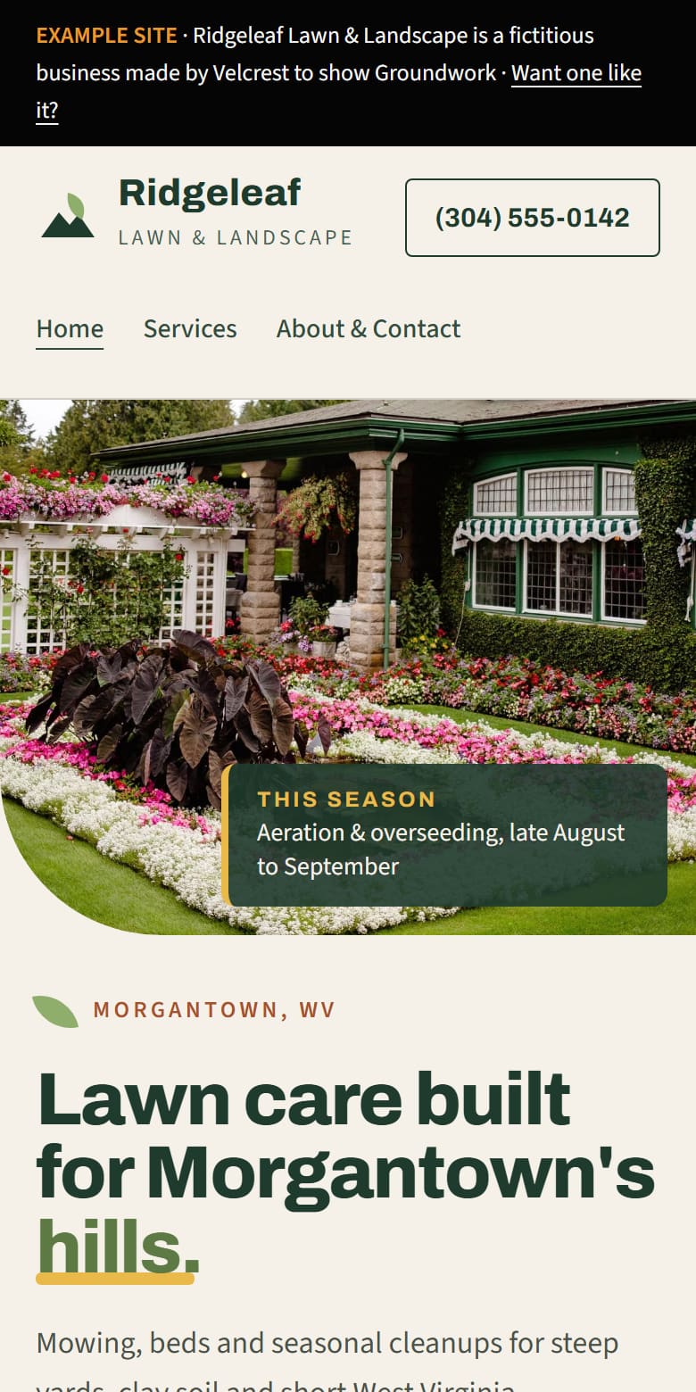 Phone view of the Ridgeleaf Lawn & Landscape example.