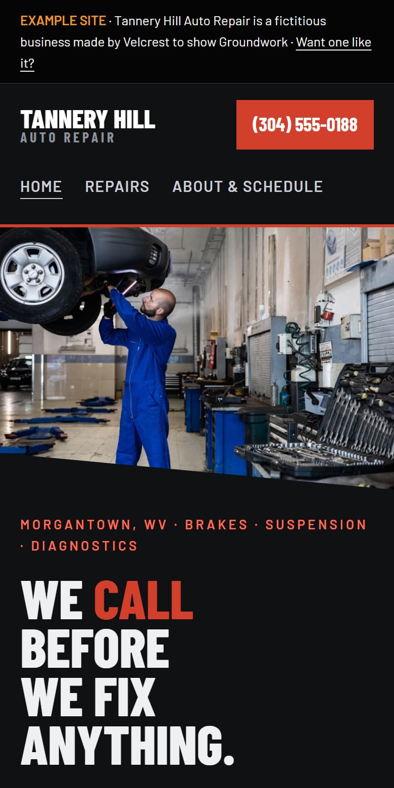 Phone view of the Tannery Hill Auto Repair example.