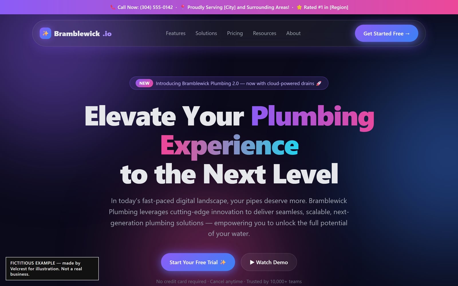 Fictitious example: a template-style website for a made-up plumber, Bramblewick Plumbing, with purple gradients, glowing buttons, emoji, a free-trial offer and "[City]" left unfilled.