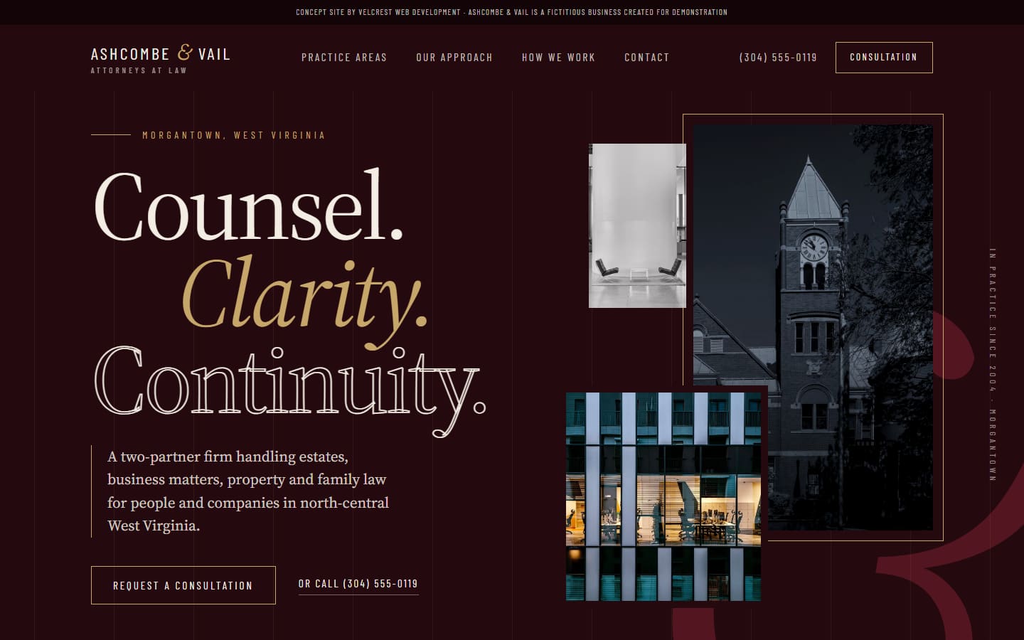 Concept homepage for Ashcombe & Vail, shown on a desktop screen.