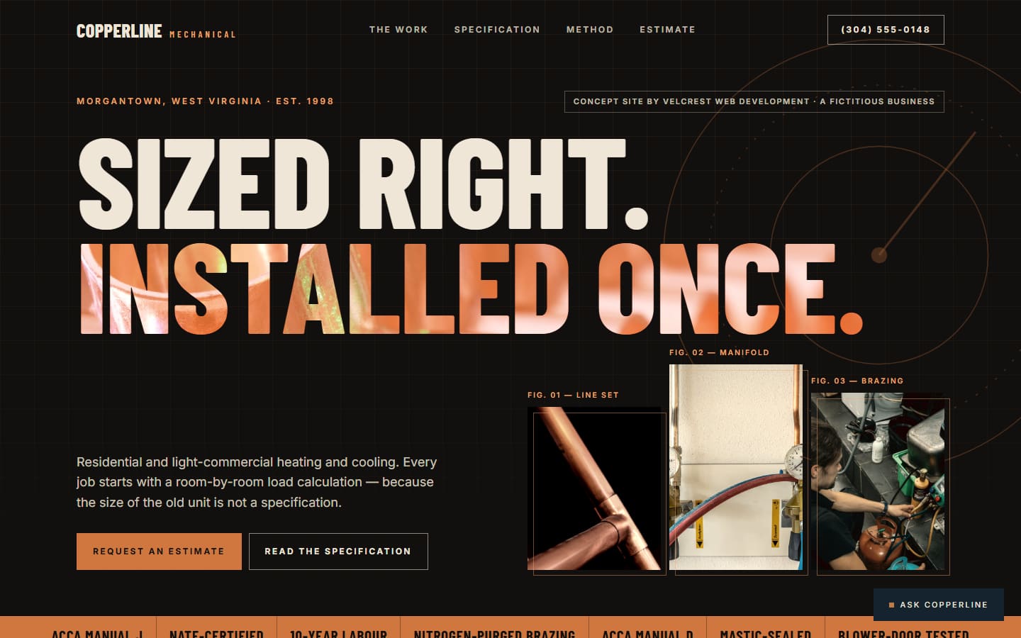 Concept homepage for Copperline Mechanical, shown on a desktop screen.