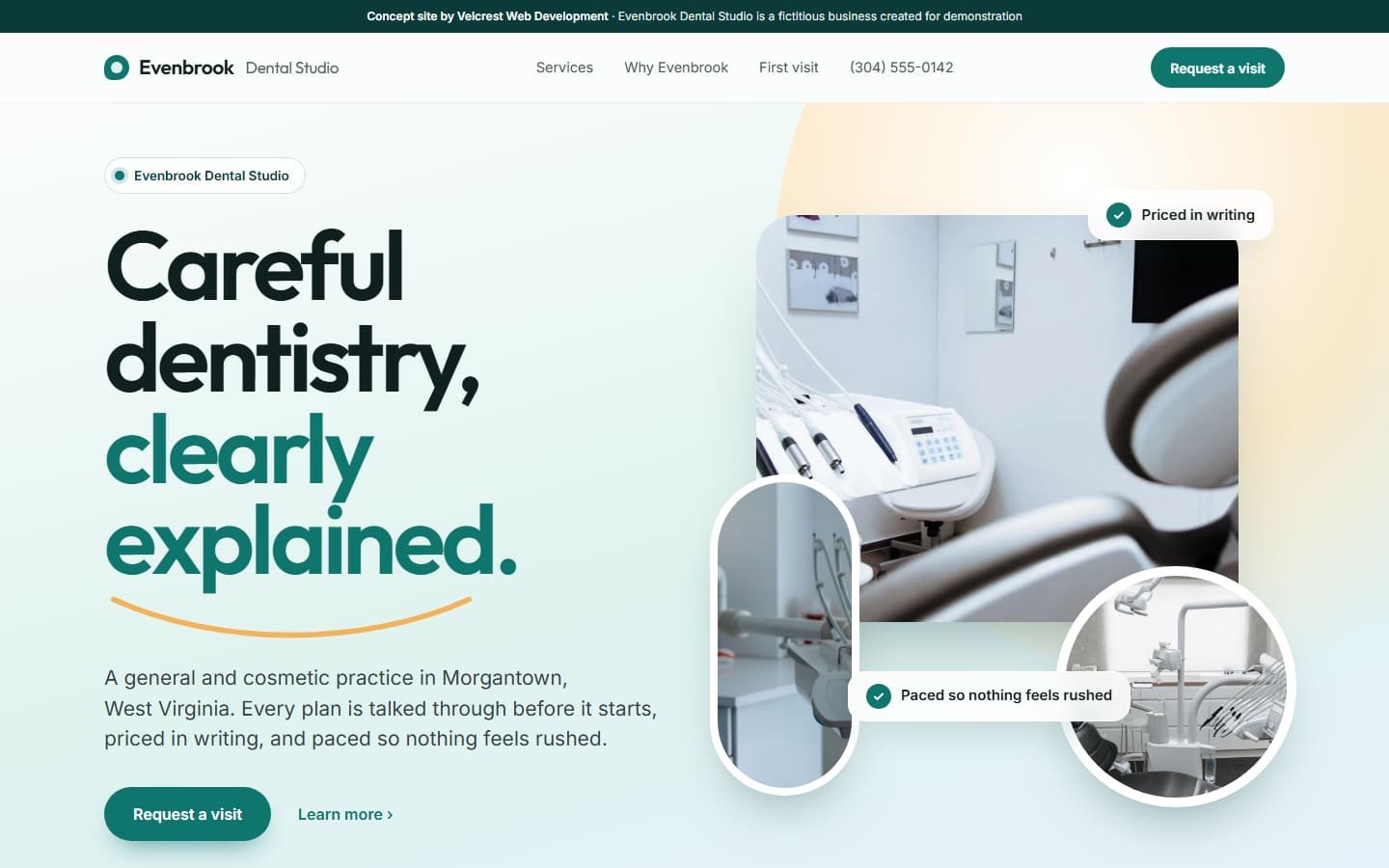 Concept homepage for Evenbrook Dental Studio, shown on a desktop screen.